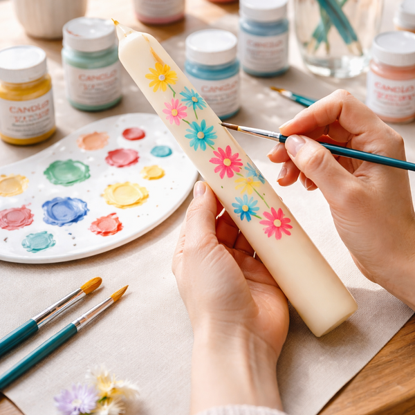 Person painting a floral design on a taper candle with various art supplies on a table.