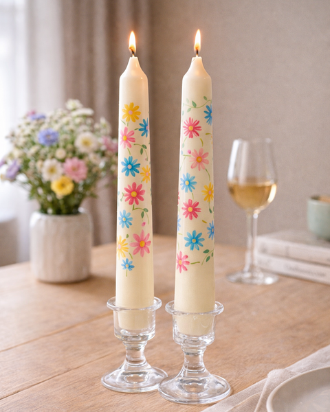 Two floral painted candles on a table with a glass of wine and a vase of flowers in the background.