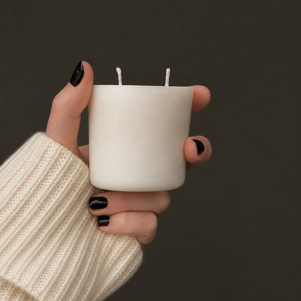 Hand holding a white candle refill against a dark background